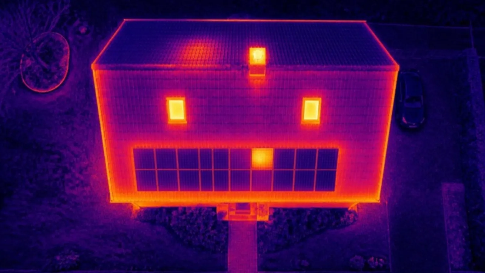 Dasselbe Haus im Wärmebild: helle, gelbe Stellen zeigen Wärmeverluste an Dachfenstern, Kamin und einem Solarmodul
